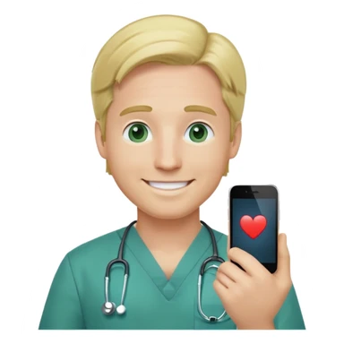 a male doctor with green scrubs, blonde hair middle part, light blue eyes, smiling, iphone emoji sticker