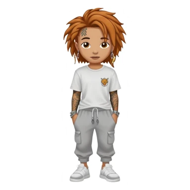 Lightskin dread head with tattoos and stud earrings and ginger/brown hair wearing white tee and grey sweatpants , a chain, and slides  sticker