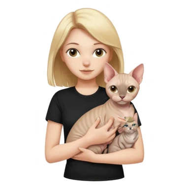 A white girl with light hair in black T-shirt is holding one Sphynx girl cat in her arms sticker