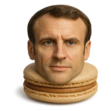 realistic macaron pastry with the shell resembling Emmanuel Macron's face, subtle details sticker