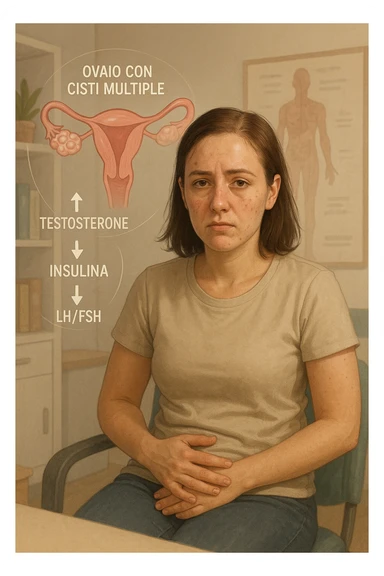 Donna tra i 25 e i 35 anni, con espressione stanca ma determinata, seduta in uno studio medico o nella sua stanza, con mani sul basso ventre. Sullo sfondo un diagramma trasparente o fluttuante di ovaie con cisti multiple, ormoni stilizzati in disequilibrio (testosterone, insulina, LH/FSH). Leggeri segni visivi di sintomi tipici: acne sul viso, lieve aumento di peso, capelli leggermente diradati in zona frontale. Ambiente realistico ma con elementi educativi e simbolici. Toni tenui ma caldi, stile empatico e informativo. in italiano sticker