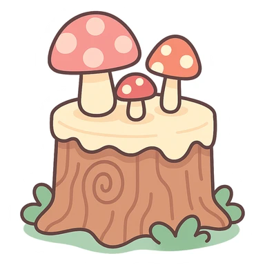 a tree stump cake topped with mushrooms, forest dessert concept, pastel toon style, soft pastel colors sticker
