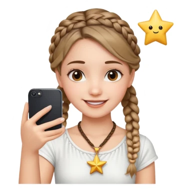 a girl wearing cute white top with a braid outing in the camera as a selfie and a star necklace in the neck  sticker