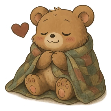 Add a cozy blanket to the anime style cute bear showing love, keep the background transparent sticker