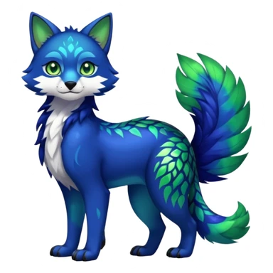 Colorful dark tropical cobalt-blue, black, white fur, with green eyes, iridescent glorious divine exotic cute cool beautiful shiny beautiful fantasy-caracal-civet-genet-sergal-vernid-Cacomistle-Furret-civet-oncilla-animal-Fakémon-hybrid-fursona with pattern markings (full body) sticker