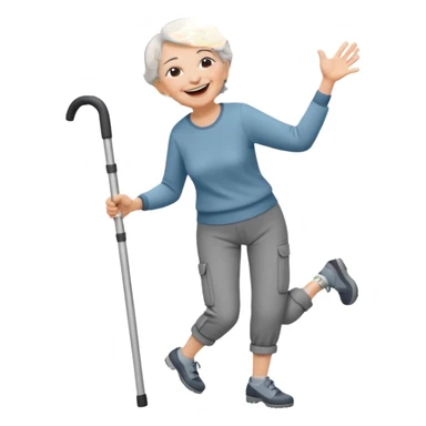 old woman with short hair, dressed with pants, langhing and dancing with crutches sticker