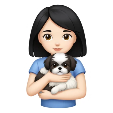 A girl with black hair hugging a Shih Tzu dog sticker
