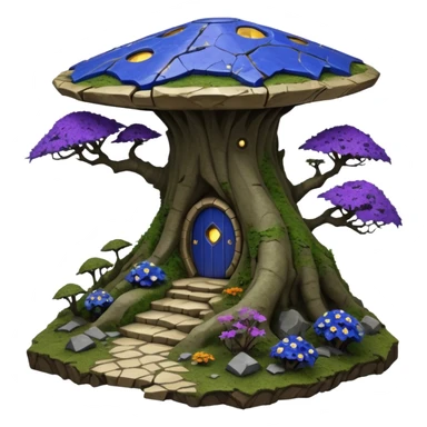 Crashed Alien saucer-castle jungle winding footpath mountainside getaway haunted nighttime hobbit landscape antique mudman very old broken cracked intricate Stone Age lapis-crusted irregular dodecagon-shaped shallow dark moss rough bark violet flowered maple treehouse bonsai sticker