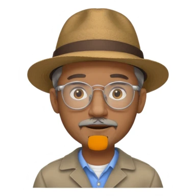 Brown man with wide rimmed hat no hair, but gray goatee, clear glasses and slightly smiling sticker