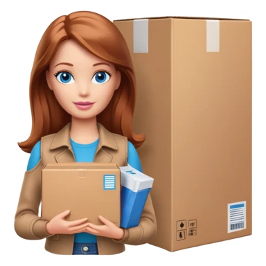 Barbie with shoulder-length reddish-brown hair in brown clothes holds a package box, blue eyes sticker