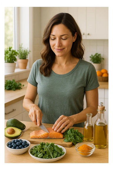 Donna tra i 30 e i 40 anni in una cucina luminosa, serena e sorridente, mentre prepara un pasto a base di cibi antinfiammatori: avocado, mirtilli, salmone selvaggio, verdure a foglia verde, olio d’oliva, curcuma. Il piano cucina è ordinato, ricco di colori naturali. Sullo sfondo: erbe fresche, frutta, una tisana allo zenzero. La donna appare in forma, rilassata e consapevole delle sue scelte. Atmosfera calda e armoniosa, luce naturale. Stile realistico, tono positivo e ispirazionale sticker