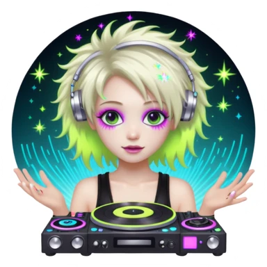  hard-techno-rave-fairy,-holding-a-dj-turntable,-wild-hair,-neon-sparkles,-minimal-background sticker