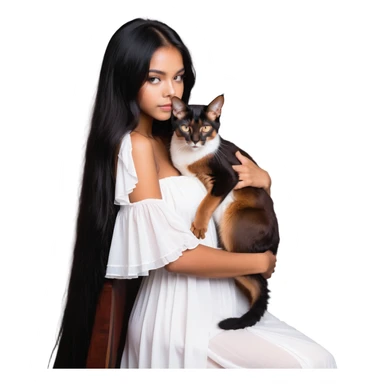 beautiful girl with long black hair in a white dress cuddling an Abyssinian cat with reddish-brown fur sticker