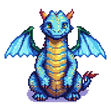 pixel art dragon with tiny wings, sitting and smiling sticker