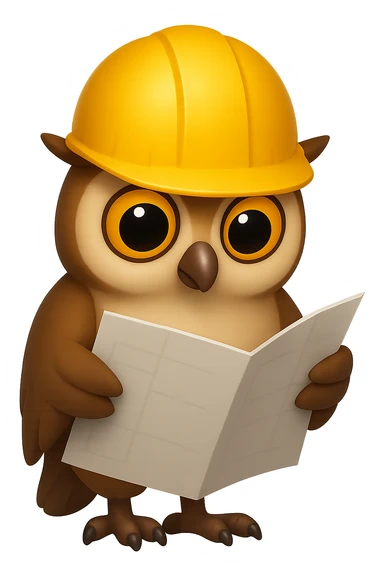 В стилистике эмоджи сгенерируй сову, которая увлеченно держит в крыльях развернутый план и смотрит в него, а на голове у нее каска строителя, прозрачный фон sticker