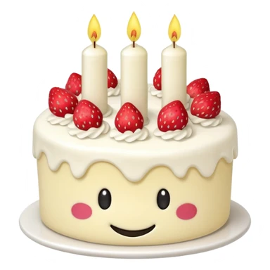 Jellycat vanilla cake with white frostting and strawberries on top with one candle with smiley face sticker
