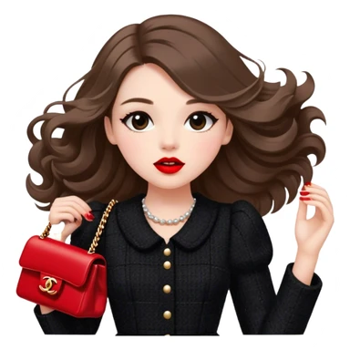 White girl with brown long hair dressed up in black chanel tweed dress carrying a red chanel bag and wearing red lipstick. Close up shot with wind blowing her hair looking fancy sticker
