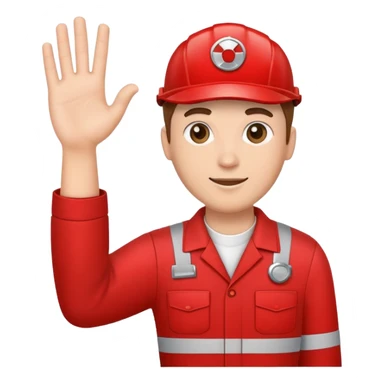 employee holding a car engine part in one arm, waving right hand, wearing a red mechanic uniform sticker