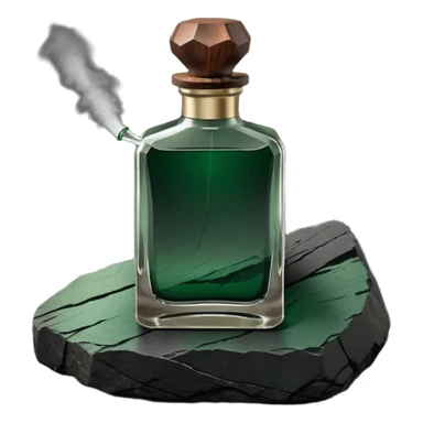 A masculine fragrance bottle featuring a gradient of deep forest green to charred black glass. The cap is made of dark walnut wood. The bottle is placed on a jagged piece of slate rock with a faint mist in the background. Earthy, moody, textured, photorealistic. sticker