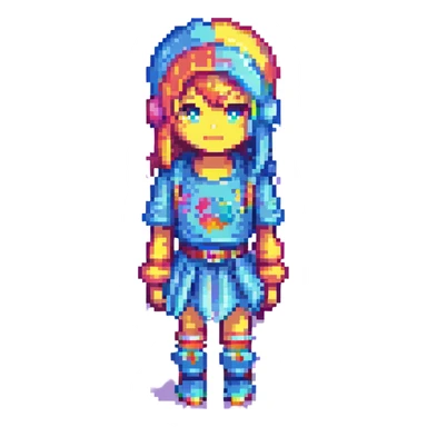 PK XD character, vibrant and playful, full body, colorful, pixel art style sticker