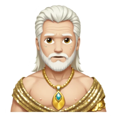 Odin with white hair, white sequin loincloth, shirtless with necklace sticker