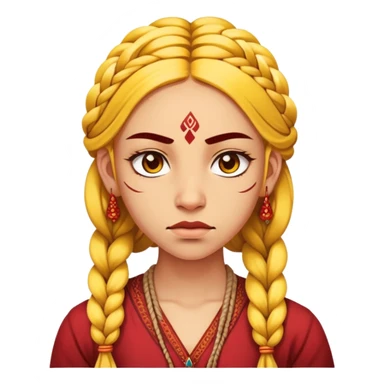 nữ 25 tuổi, da vàng, tóc tết buộc dài, có chấm đỏ bindi trên trán, mặt cáu  sticker