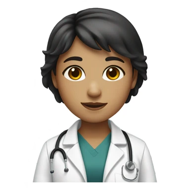 A girl with short brown hair and bangs,, white skin, wearing a black scrub with a lab coat  sticker