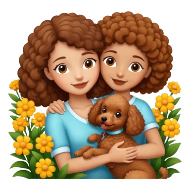 A beautiful girl happily hugs a brown poodle in the flowers sticker