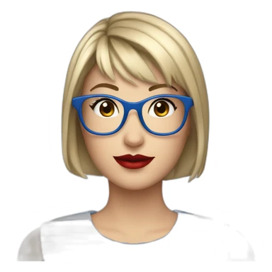 caucasian woman with square black glasses, straight bangs, red lipstick, blue and white striped t shirt sticker