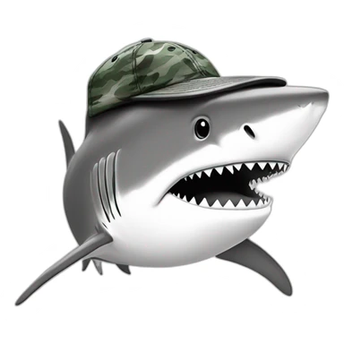 a shark in a ((camouflage cap)),black and white,cartoon,sketched,sketch sticker