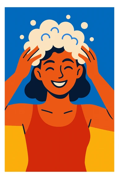 woman with shampoo foam in hair, clean and cheerful, upper body, modern illustration, vibrant colors sticker