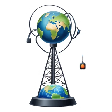 An icon featuring a satellite dish, cell tower with signal waves, and an earth, connected by lines, symbolizing telecommunications. The design includes data signals, network nodes, and a mobile device, representing global digital communication. Transparent background sticker