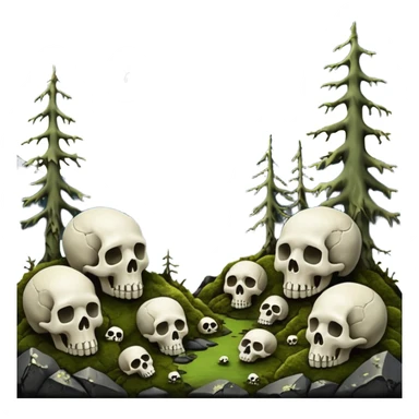 A surreal Alaskan night scape with mountains moss and moss covered trees with skulls coming out of the ground sticker