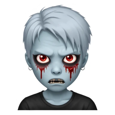 3D emoji-style avatar with very pale blue-grey zombie skin , a young Asian face, and large eyes with blood tears. Give it white litle bit messy mullet hair style , silver hoop earrings, and a plain black T-shirt. The face expression should be slightly angry, with vampire fang sticker