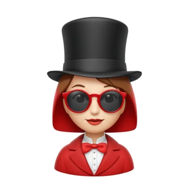 3D apple-style emoji of a whimsical character inspired by the uploaded photo, simplified shapes, cartoon-like look, glossy finish, soft shadows, white background, tall top hat with ribbon, large round white sunglasses, short brown bob haircut, elegant collar, red coat, playful and iconic sticker