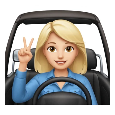 blonde woman driving car. one hand up Happy face confidence sticker