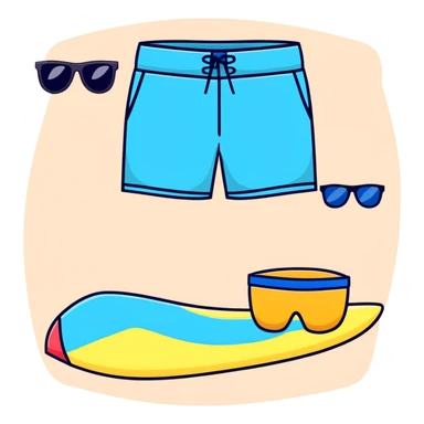 swimming board shorts and separate sunglasses on beach towel in same composition sticker