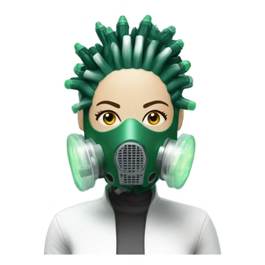 Dark green Mohawk female cyborg head with white respirator mask and circuits sticker