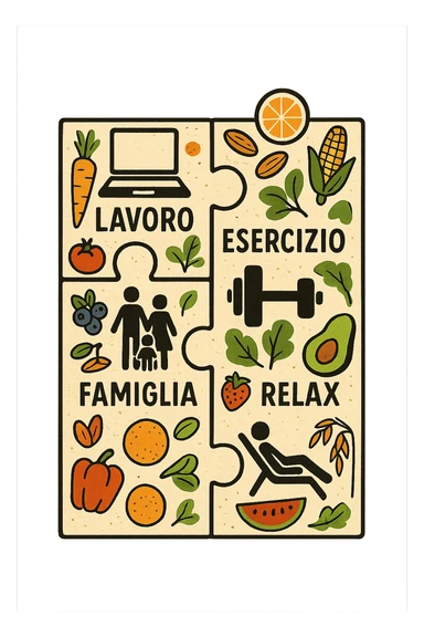 Puzzle (Lavoro, Esercizio, Famiglia, Relax), in lavoro metti icona di un PC, in Esercizio un Manubrio, in Famiglia una famiglia, in Relax qualcuno che riposa and healthy foods are integrated into each piece. in italiano sticker