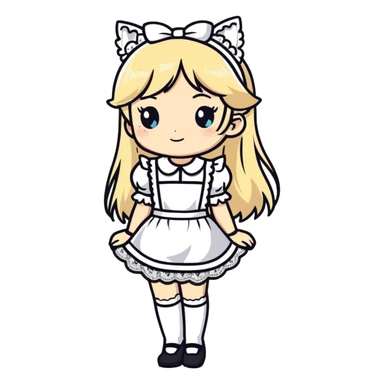 petite blonde catgirl woman long hair freckles shy lace white French maid barefoot sticker