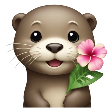 A happy and cute otter face with a Hawaiian flower tucked behind its ear, holding a heart. sticker