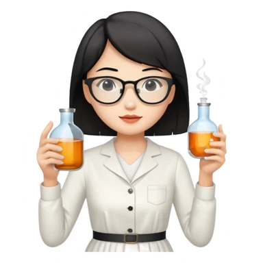 asian teacher with a white dress holding a flask with retangle glasses and black short hand  sticker