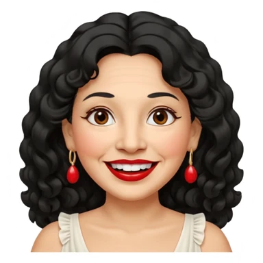 60 yr old peruvian woman, slightly chubby, wavy/curly long black hair, red lipstick, big smile, white teeth, brown eyes, hoop earings, side part to hair, round face, pretty white dress sticker