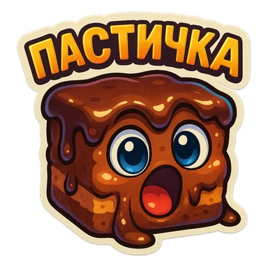 Rectangular chocolate mini pastry, slightly messy and squished, chocolate dripping, big round eyes, wide open mouth, playful surprised expression, text above: "ПАСТИЧКА", chibi style, Twitch emoji style, transparent background, colorful

 sticker
