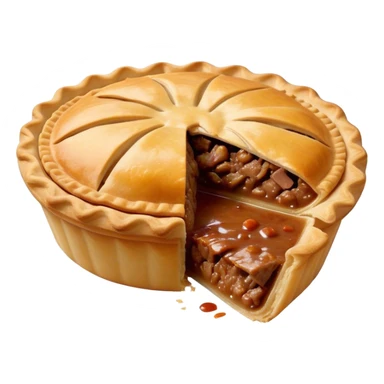 Cinematic Realistic Meat Pie Dish Emoji, showcasing a flaky pastry filled with rich, hearty meat gravy, rendered with lifelike detail and warm, inviting lighting. sticker