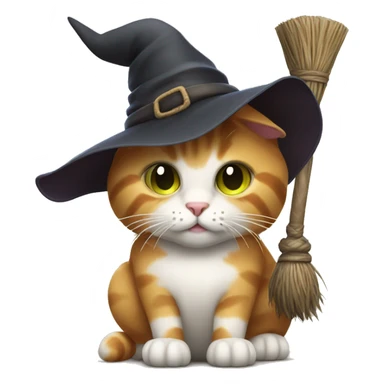 cat with witch hat and a broomstick sticker