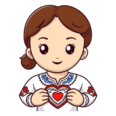 beautiful young girl with brown hair wearing a white Ukrainian embroidered shirt with a big heart design sticker