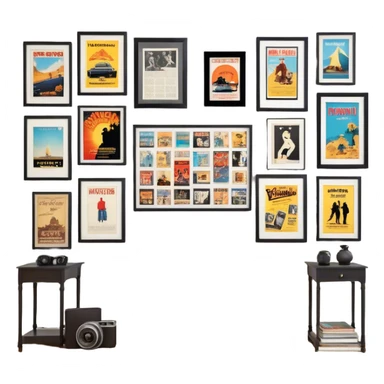 Icon for Photograph and Poster Collecting: a collection of photographs and movie posters, neatly displayed on a wall or in frames. The icon should evoke the nostalgia and artistic value of collecting rare images and posters. Transparent background. sticker