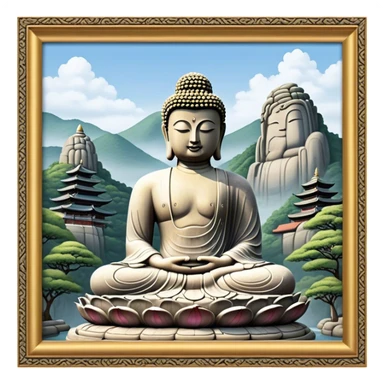 Cinematic Realistic image of the Big Buddha Monument of Sinheungsa Temple, portrayed as a towering, serene Buddha statue carved from weathered stone with intricate details and a gentle meditative expression, set within an ancient temple landscape enveloped in soft, ethereal lighting that underscores its spiritual majesty. sticker