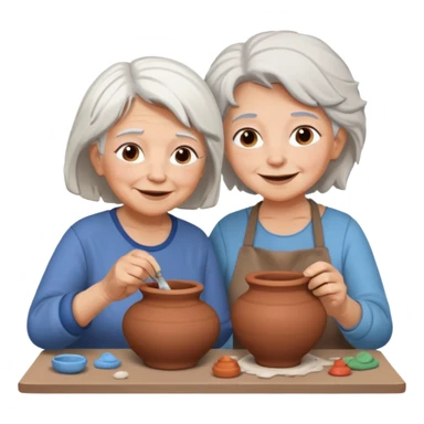 grandma with white hair and kid with brown hair doing potery sticker